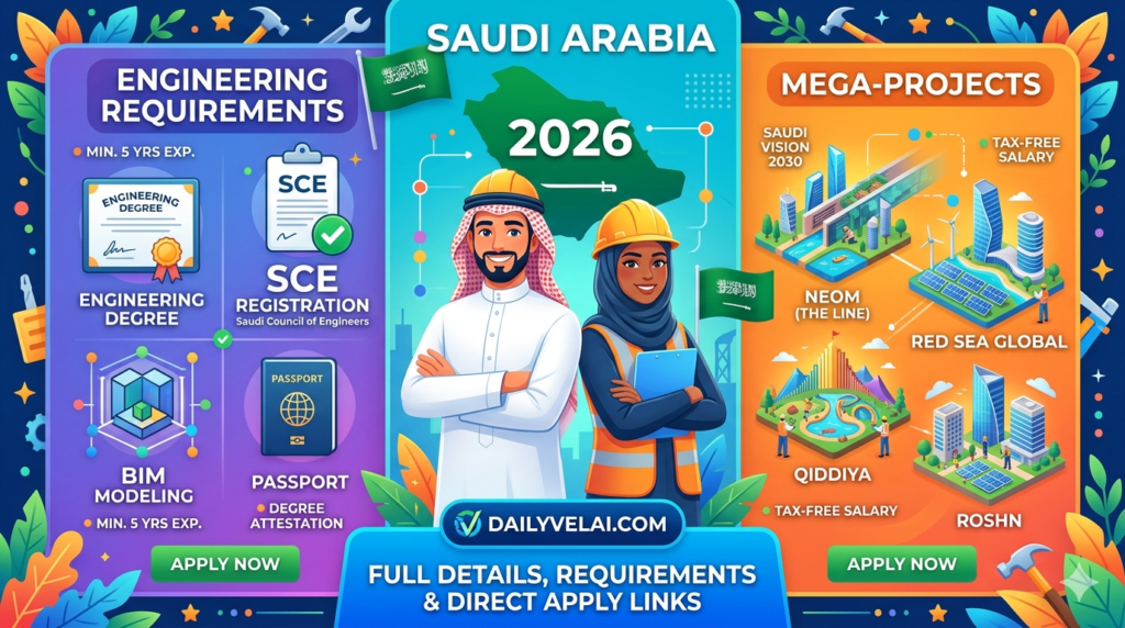 Saudi Arabia Mega Projects 2026: Construction & Engineering Jobs 1 Apply for NEOM, Red Sea Global, and Qiddiya. Full details on engineering requirements, SCE registration, and direct apply links for Saudi Giga-projects in 2026.